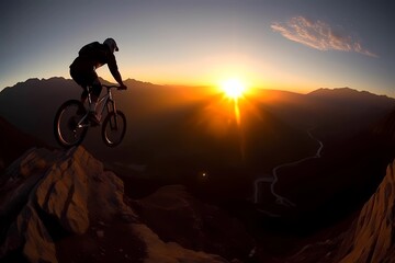 Silhouette of motorbike rider doing stunt on rocky mountain as jump cross slope of mountain with sunset background backlit. Epic shot of outdoor extreme sport scenes. Motocross sport. Generative AI