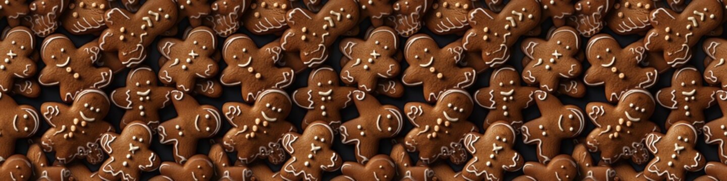 Christmas food bakery bake baking photography background texture - Closeup of many gingerbread men cookies, top view, seamless pattern (Generative Ai)