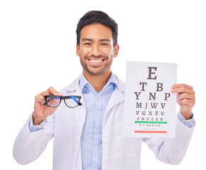 Portrait, doctor and glasses, eye test and smile at vision clinic wit reading assessment and chart. Healthcare, wellness and optometrist with exam for eyes isolated on transparent png background