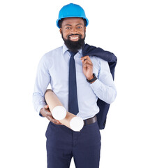 Architect, black man and blueprint, portrait and construction isolated on transparent png...