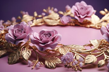  3D Pink Roses and Floral Ornaments in Gold Frame Generative AI