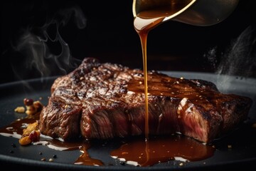 Steak with sauce drizzle. 