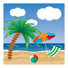 Fototapeta na wymiar Summer beach rest colorful raster illlustration bright sky with clouds palm trees set summertime sunset sand and striped lounge under umbrella