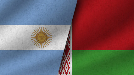 Belarus and Argentina Realistic Two Flags Together, 3D Illustration