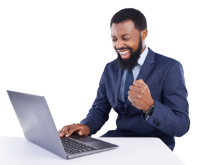 Isolated business man, celebration and laptop for success, goals and trading with fist by transparent png background. Black businessman, winner and computer with fintech for profit, bonus or gambling