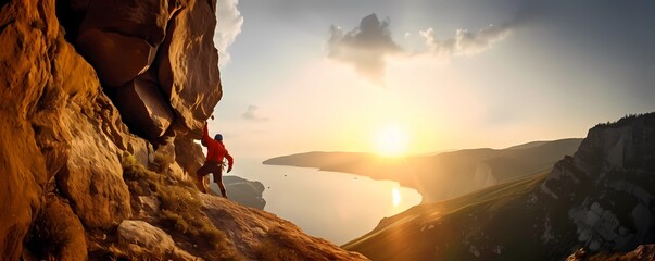 Man climbing a mountain cliff at sunset or dawn. Epic shot of lifestyle concept. Extreme sport challenge action. Free person as fearless and successful effort. Generative ai