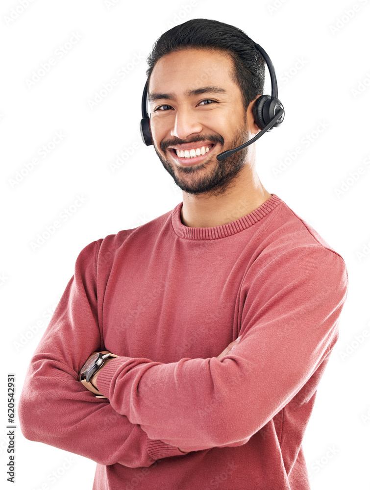 Poster call center, arms crossed and smile with portrait of man on png for customer service, networking and
