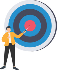 Specific goal and clarify objective or target, Focus or concentrate on purpose to win business mission, Perfection or aiming at target, Businessman pointing at center of target

