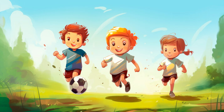 Kids soccer football - young children players match on soccer field. Banner like illustration was made with Generative AI. 