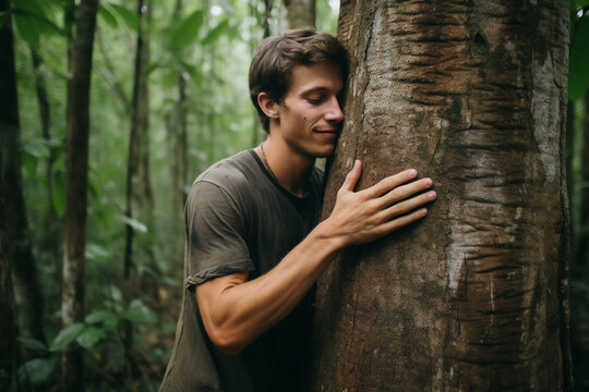 Man hugs a tree - theme sustainability, environment, rainforest, renewable energy - Generative AI