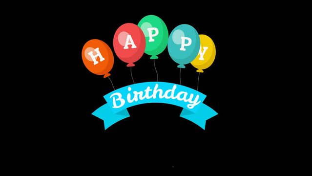 happy birthday animation with gift box in black background png, happy birthday flying balloons with alpha channel png background