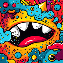Comics illustration, retro and 90s style, monster pop art, abstract crazy and psychedelic background, Generative AI