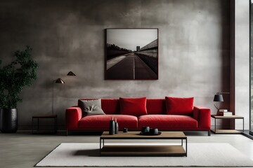 A vibrant red sofa placed in a contemporary room with a sleek gray concrete wall, Generative AI