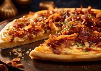 Tarte Flamb&eacute;e showcasing the layers of toppings, including caramelized onions and crispy bacon bits