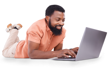 Happy, black man typing and shopping on laptop in studio for ecommerce, trading on transparent png background. Isolated, person and customer on computer for online transaction, stocks or crypto