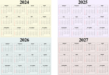 calendar for 2024-2027,  2024 calendar, 2025 calendar, 2026 calendar, 2027 calendar, week starts sunday. desk calendar template. simple layout of pocket or wall calenders