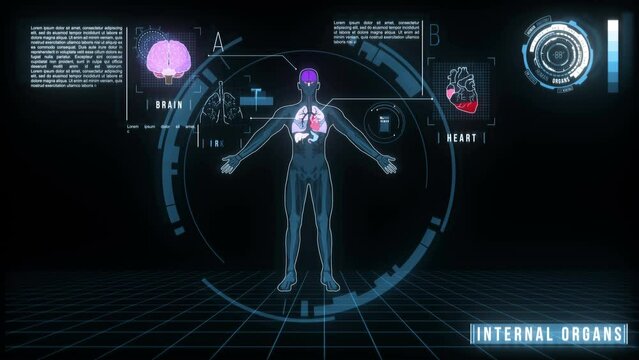 Medical Screen infographics with human internal organs and HUD elements animation. Showing body shape and icons of brain, lungs, liver, heart, kidney, intestines, bladder, stomach, reproductive system