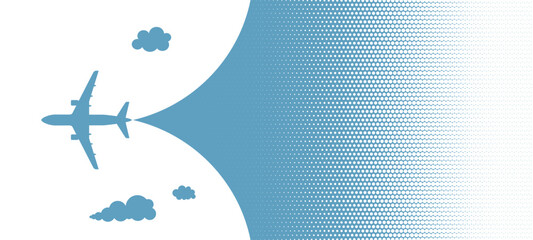 Simple airplane travel opens the background behind itself. Plane journey, romantic travel, tours, cruises, airport advertising, trip abroad on vacation, and plane routes vector illustration banner