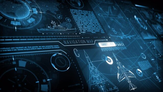 Military Navigation HUD interface. Moving across futuristic display with schematic airplanes, military data analysis and digital elements.