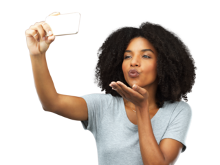 Blowing kiss, selfie and a black woman with hand gesture isolated on a transparent, png background. Face of a happy young female model with a profile picture for social media with a pout emoji
