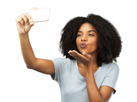 Blowing Kiss, Selfie And A Black Woman With Hand Gesture Isolated On A Transparent, Png Background. Face Of A Happy Young Female Model With A Profile Picture For Social Media With A Pout Emoji