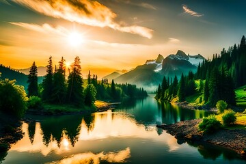 Fototapeta premium sunset over the field generated by Ai