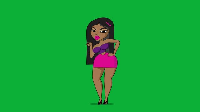 Animated cartoon character of sexy girl throwing a flying kiss