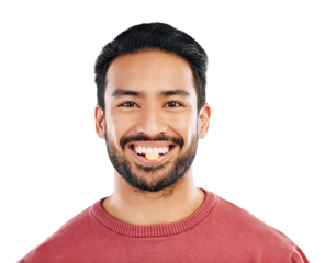 Vitamin pill, health and portrait of man with supplement, prescription and wellness tablet. Isolated, transparent background and male person with medication for nutrition, healthcare and wellbeing