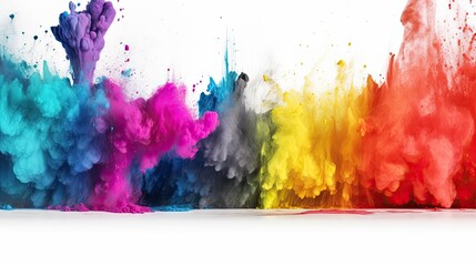 colorful powder rainbow on white background with copy space