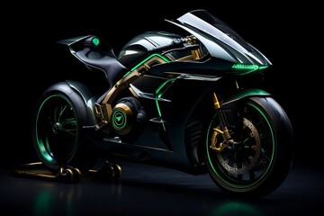 A sleek, futuristic bike with a striking green neon color, set against a sleek black background, Generative Ai