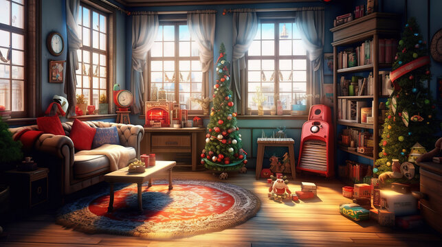 Calm image of interior modern home living room decorated christmas tree. Generative Ai