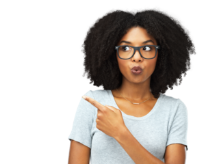 Hand, pointing and face of African woman with choice in presentation of information on isolated or transparent mockup. Thinking, model with decision or gesture to show an option on png background