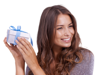 Happy, gift and woman listen with box on isolated, PNG and transparent background for party. Birthday, surprise and excited female person guess for package, present and parcel for festive celebration