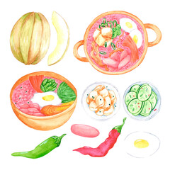 Hand drawn watercolor korean food set isolated on white background. Can be used for label, banner, post card and other printed products.