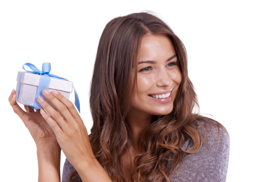 Happy, gift and woman listen with box on isolated, PNG and transparent background for party. Birthday, surprise and excited female person guess for package, present and parcel for festive celebration