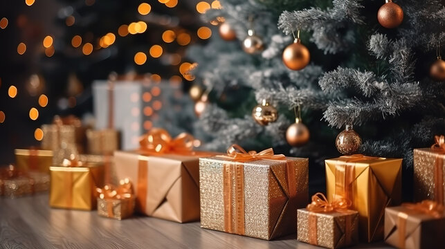 Wrapped beautiful gifts and parcels lying under the Christmas tree. Generative Ai