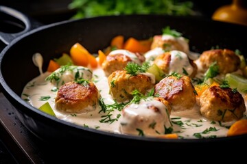 Boulettes de Poisson in a creamy sauce with colorful vegetables