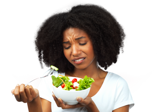 Diet, salad and sad woman eating healthy food, detox lunch or breakfast isolated on transparent, png background. African person with depression for lose weight process or problem with green fruits