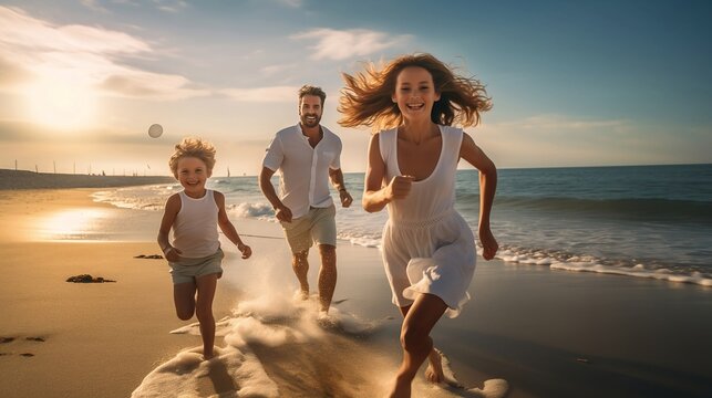 A happy family running on the beach, ai generated