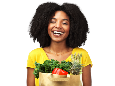 Vegetables, groceries and a woman portrait with food for a healthy lifestyle and diet. Black female model excited about vegan ingredients and wellness isolated on a transparent, png background - Powered by Adobe
