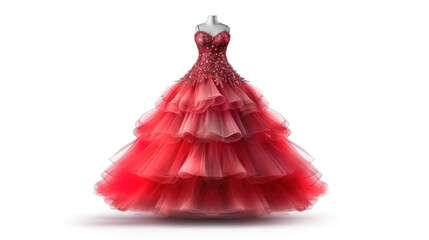 Decorated Christmas tree with red skirt on white background. Generative Ai