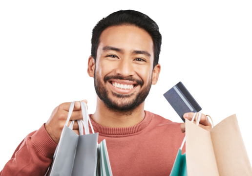 Happy asian man, portrait and shopping bag or credit card for banking isolated on a transparent PNG background. Male person or shopper with smile for luxury gifts, purchase or payment and buying bags - Powered by Adobe