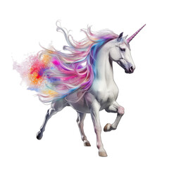 Fototapeta na wymiar Realistic unicorn with rainbow glitter on transparent background