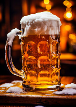 Beer mug overflowing with foam on a rustic wooden table in a pub. Generative Ai image