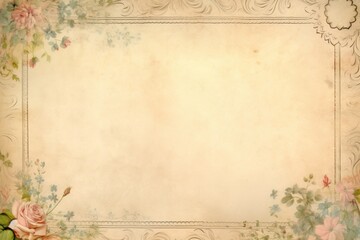 An old-fashioned sepia colored stained empty journal page overlay with an ornate floral motif border design around the edges - Generative AI illustration