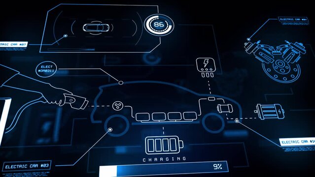 A futuristic holographic display panel of electric car charging gauges on a black background. Electric car infographics. HUD of electric vehicle.