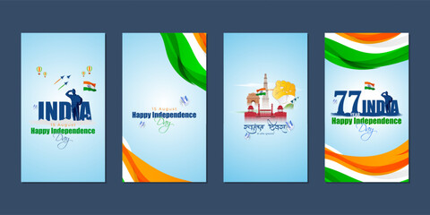 Vector illustration of Indian Independence Day social media story feed set mockup template
