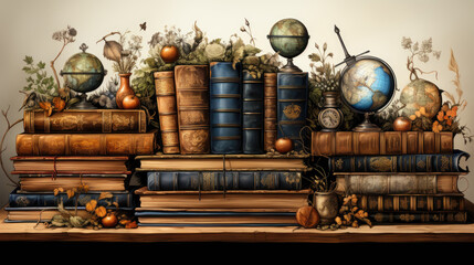 Fototapeta premium Drawing of old books and globes