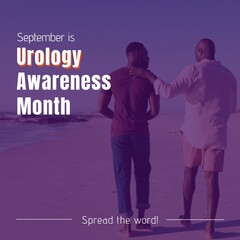Urology awareness month text over african american father and adult son walking on sunny beach