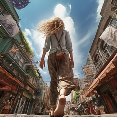 Urban Wanderlust: Barefoot Hippie Girl in her 20s Exploring the City Streets